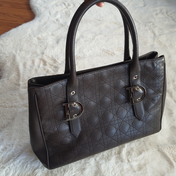 Christian Dior Cannage Leather Tote Bag Quilted Brown VNTG D Buckles - Picture 4 of 16